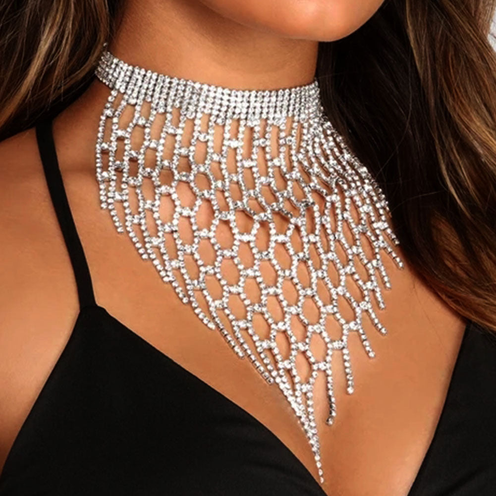 Silver Rhinestone Tassel Necklace