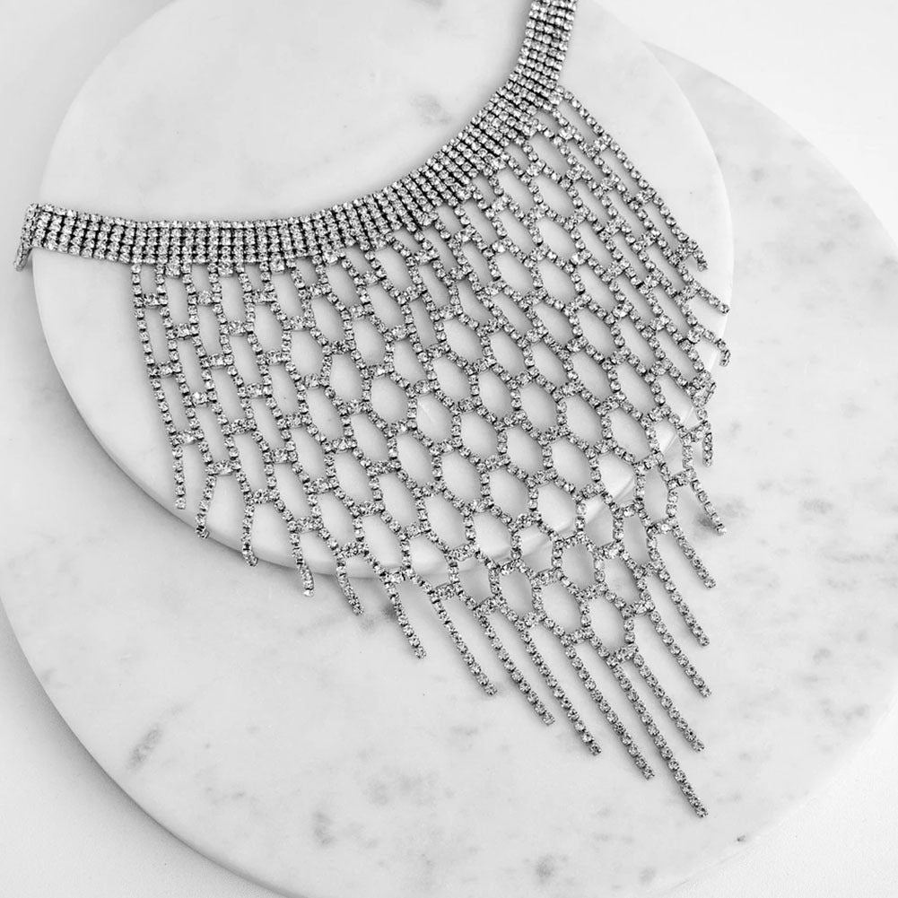 Silver Rhinestone Tassel Necklace