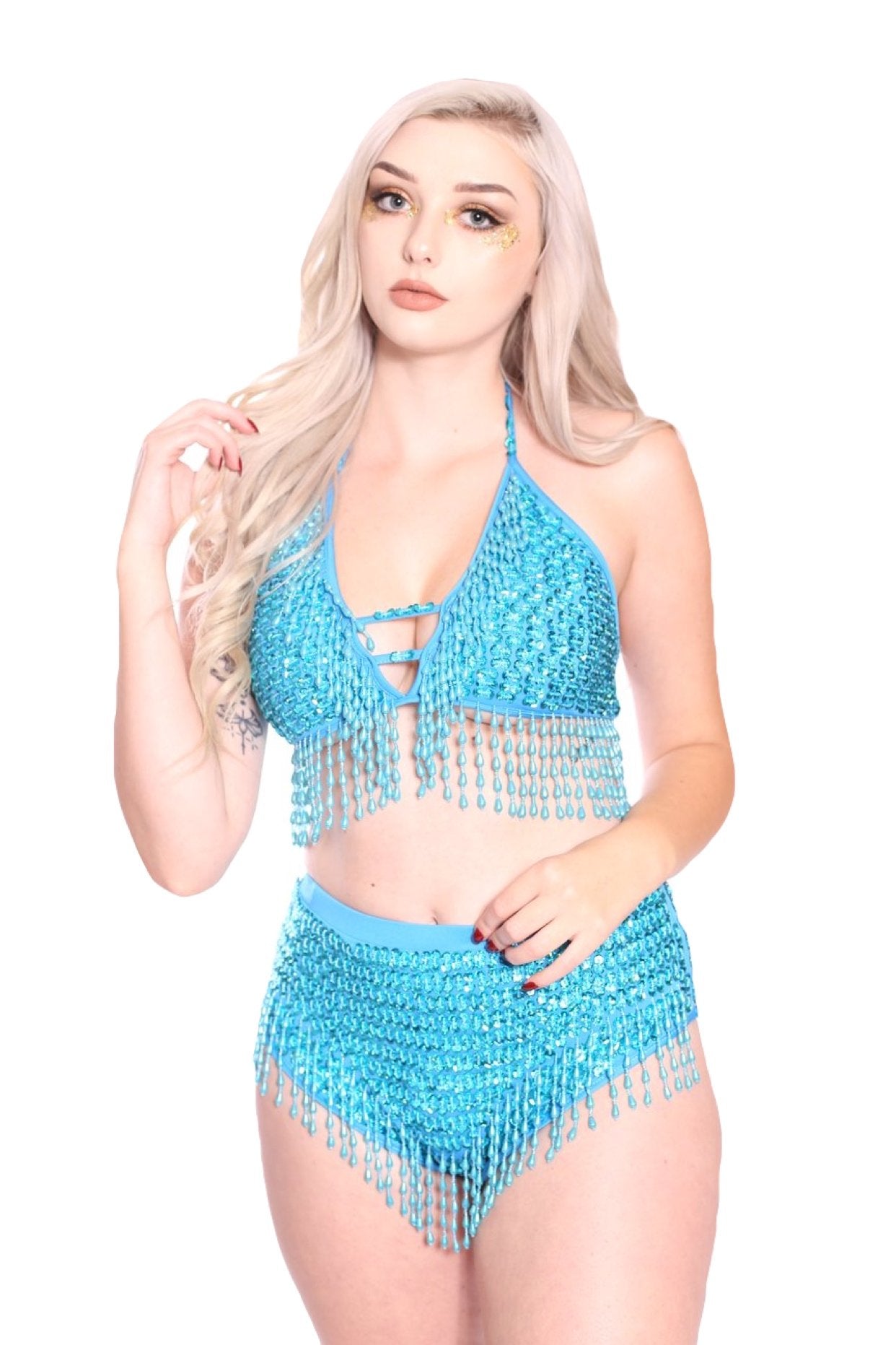 Hand Stitched Sequin High Waisted Bottom- Pixie Blue