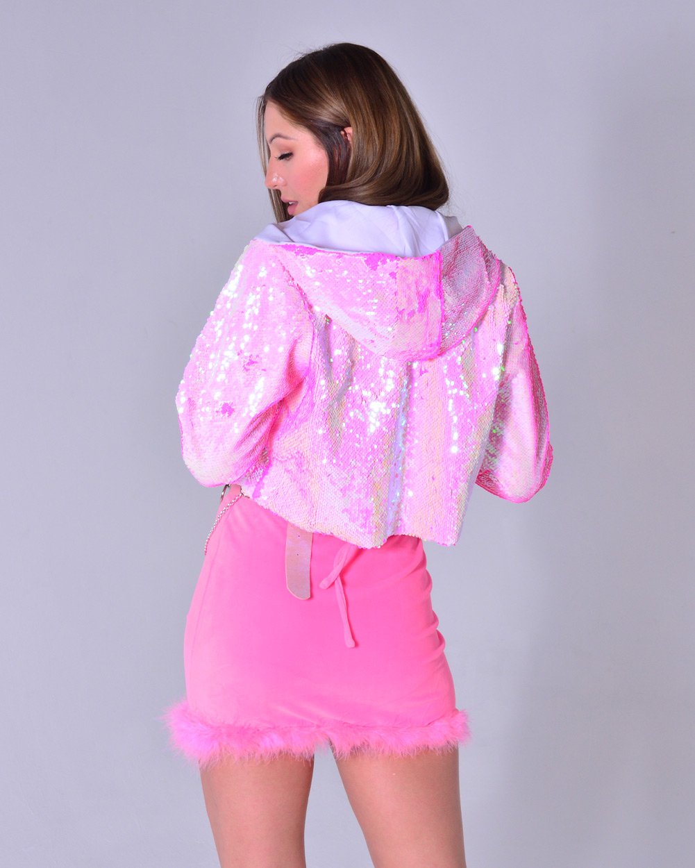 Sequin Cropped Jacket - Neon Pink