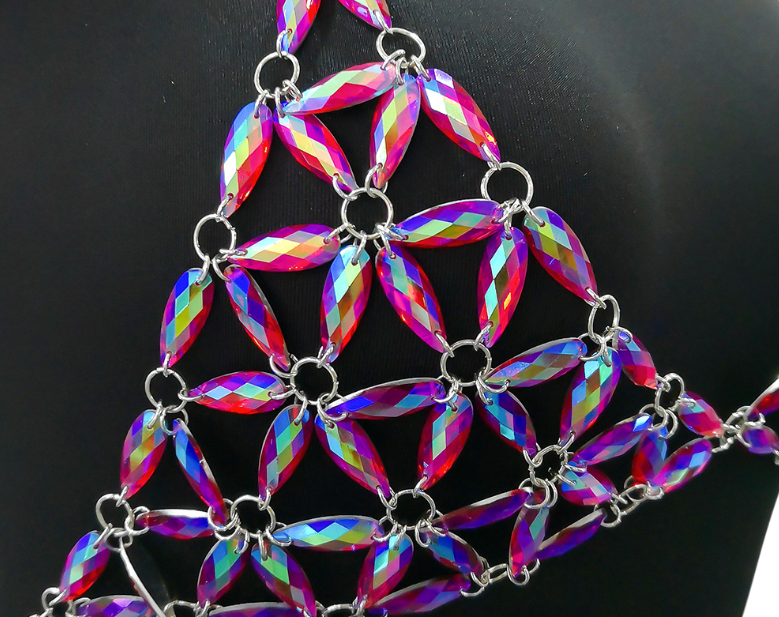 Festival Multi-Coloured Diamond Gem Jewel Rhinestone Chain Rave Halter Crop  Top